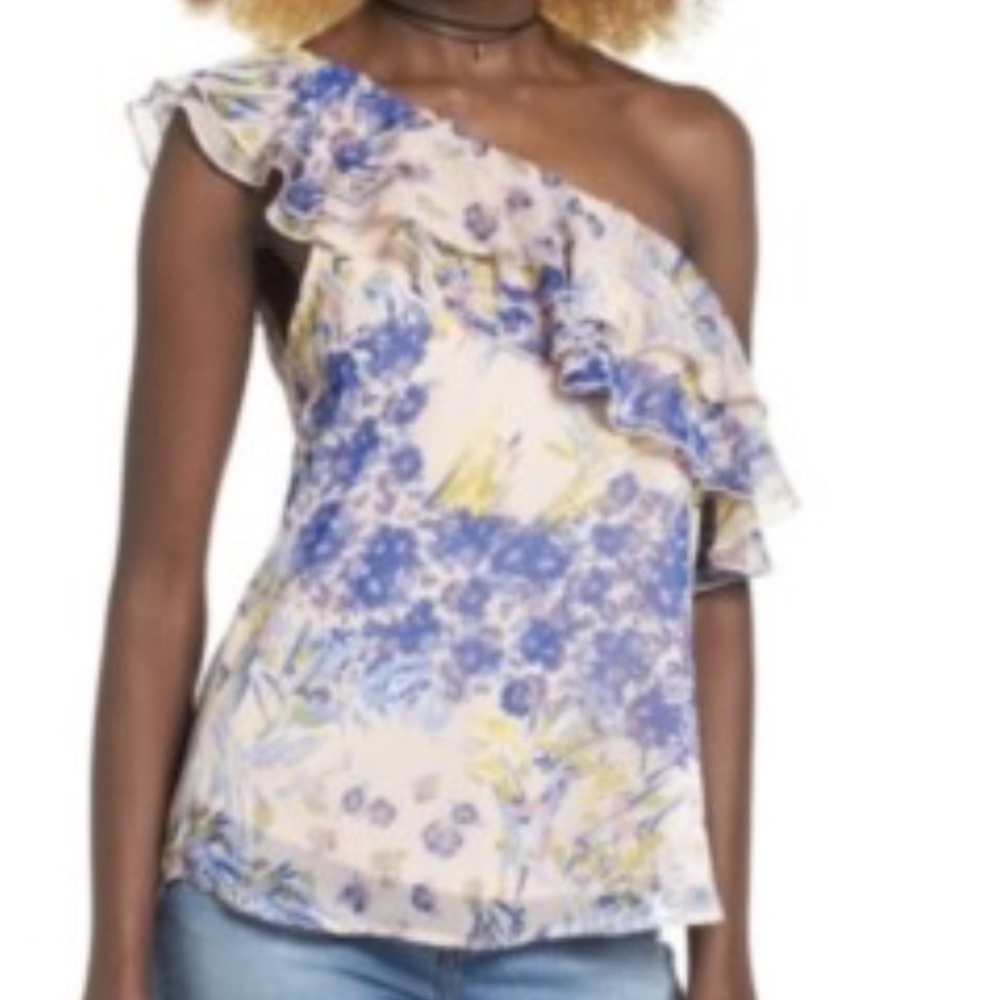 NWT Leith Watercolor Blue Cream Ruffle One Shoulder Blouse